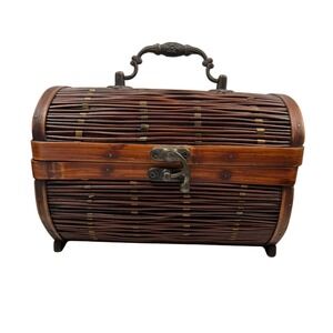 Vintage Bamboo Trinket Box Treasure Chest Organizer Decorative Handle Clasp